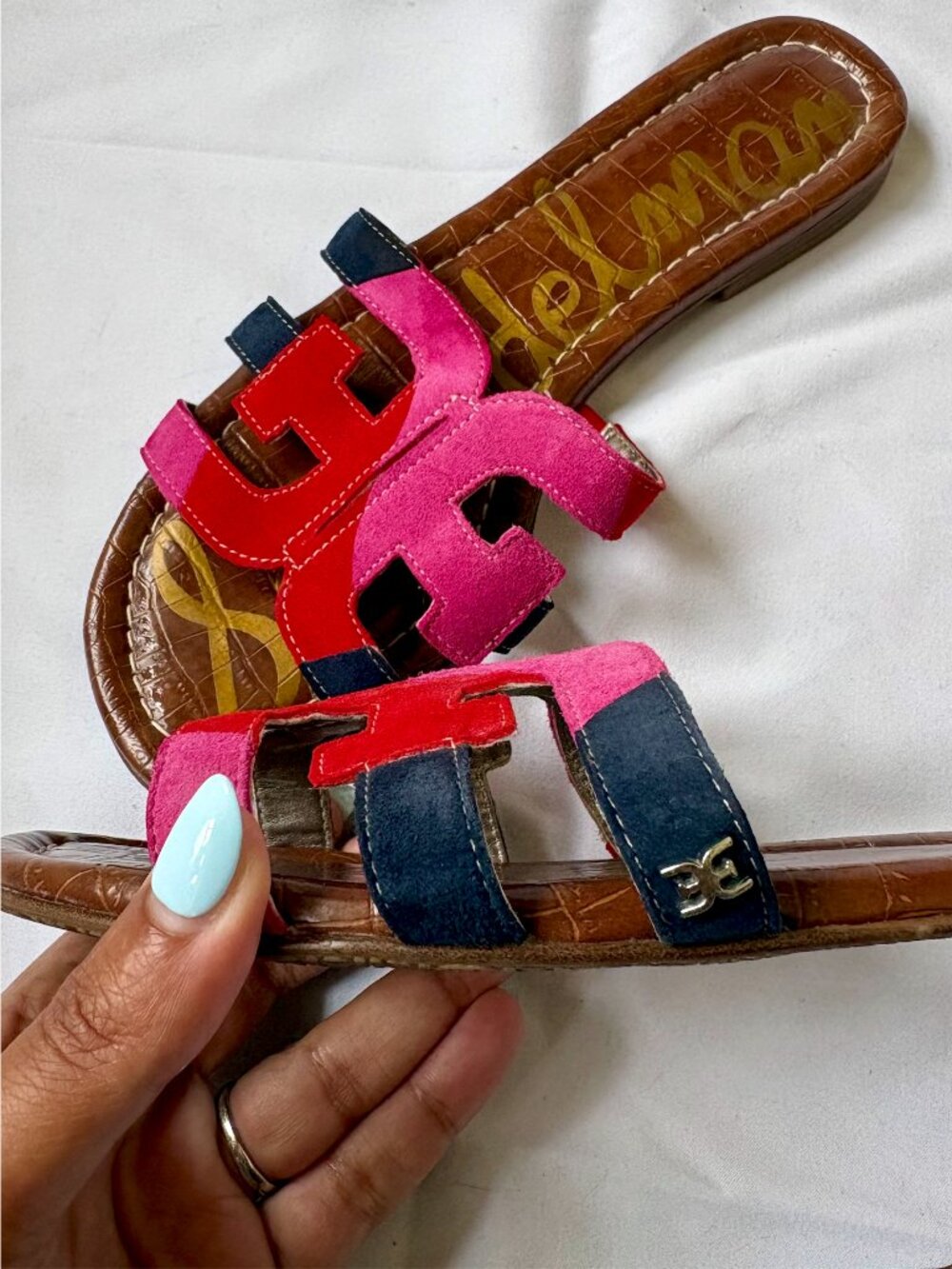 Sam Edelman Women's Bay Slide Sandals in Pink, Red & Navy Suede | Size 7.5 - Picture 3 of 5